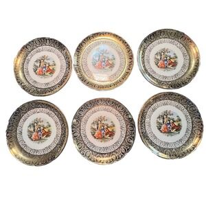 Set 6 Atlas China 22K Gold Salad Dessert Plates Courting Couple Romantic Scene